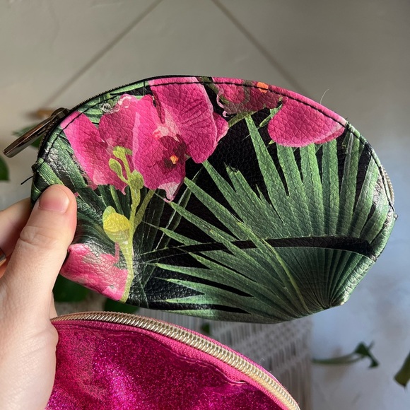 Makeup Bag Set - Pink Glitter & Floral Orchid Print Cosmetic Pouches 2 Piece Set - Picture 4 of 8